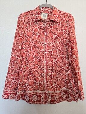 BELL by Alicia Bell Silk Cotton Floral Block Print Button Up Shirt Red Size 8
